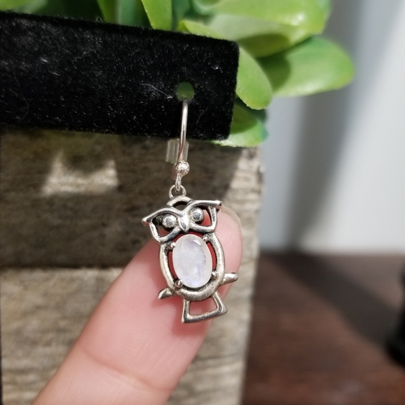 💎STERLING SILVER OWL EARRINGS WITH MOONSTONE - Picture 3 of 7